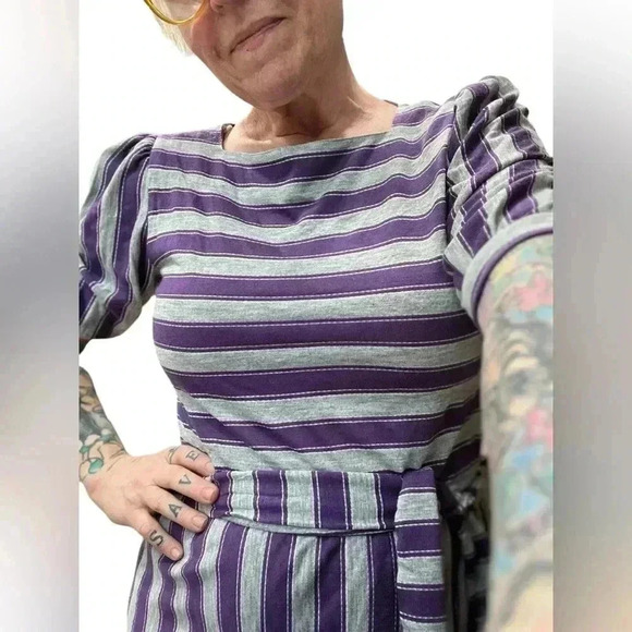 Vintage 80's,Gray & purple Striped,Midi Dress with 3/4 Sleeves-M - Picture 2 of 12